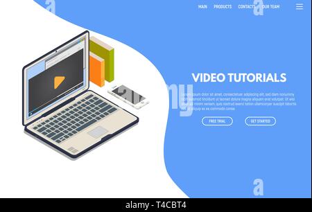 Online video computer web app. Isometric laptop with online video playing on screen and phone. Online education and studying. Computer training and an Stock Vector