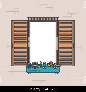 Open window frame. Line style vector illustration. Retro design style window banner. Front view with flowers pot and shutters. View through window pix Stock Vector