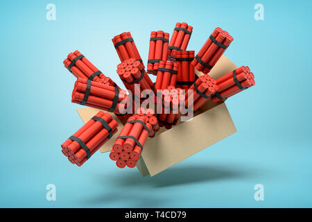 3d rendering of cardboard box full of dynamite bundles in mid-air on light-blue background. Stock Photo