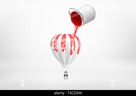 3d rendering of small silver paint bucket turned upside down with red paint pouring on hot air balloon isolated on white background Stock Photo