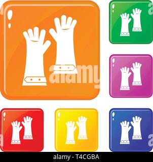 Heat resistant gloves for welding icons set vector color Stock Vector