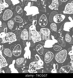 Vector illustration. Seamless pattern. Easter eggs. Leaves and willow branch. Easter bunny. Card gray background Stock Vector