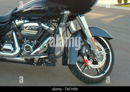 Close up view of the front end of a Harley Davidson motorbike. Stock Photo