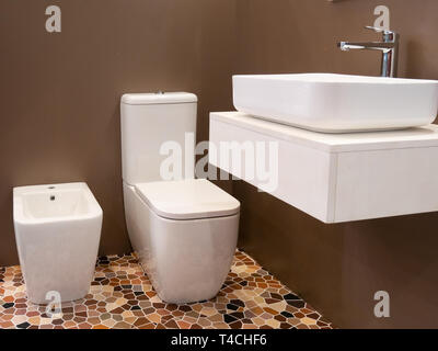 modern interior design of hotel bathroom with washbasin, toilet and bidet