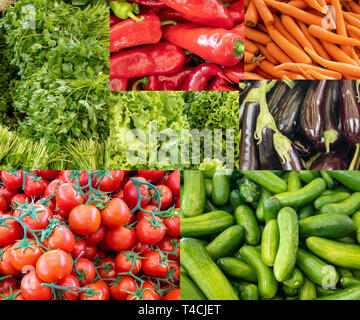 Collage of different grocery markets full of vegetables. Stock Photo