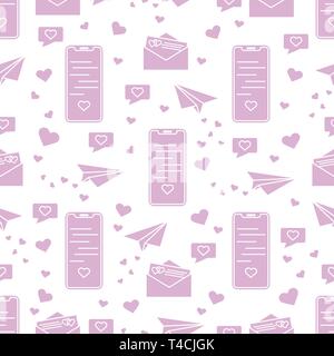 Seamless pattern with paper airplane, envelope, smartphone, sms, hearts. Birthday, Valentine's day, Mother's Day, Father's day, wedding vector romanti Stock Vector