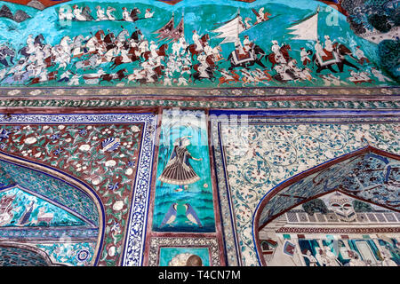 Wall Paintings in west veranda, Chitra Mahal, Bundi Palace, Bundi, Rajasthan, India Stock Photo