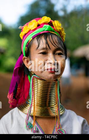 Padaung long-necked woman with brass neck rings, portrait, hill tribes, mountain people, Chiang Rai province, Northern Thailand, Thailand Stock Photo