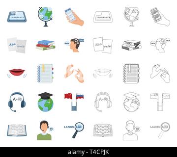 Translator and linguist cartoon,outline icons in set collection for design. Interpreter vector symbol stock  illustration. Stock Vector