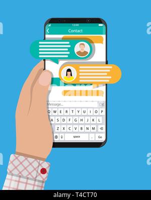 Hand hold smartphone with messaging sms app. Chat bubbles on mobile phone touchscreen. Chat between man and woman. Social netwroking. Discussion, talk Stock Vector