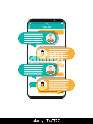 Smartphone with messaging sms app. Chat bubbles on mobile phone touchscreen. Chat between man and woman. Social netwroking. Discussion, talking, assis Stock Vector