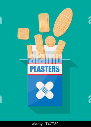 Set of aid medical plaster in various sizes. Plasters in box. Healthcare and pharmacy. Vector illustration in flat style Stock Vector