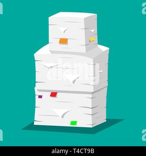 Pile of papers. Office documents heap. Routine, bureaucracy, paperwork, big data, office. Vector illustration in flat style Stock Vector