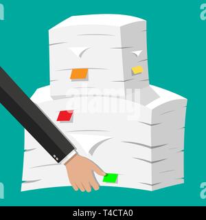 Hand hold pile of papers. Office documents heap. Routine, bureaucracy, paperwork, big data, office. Vector illustration in flat style Stock Vector