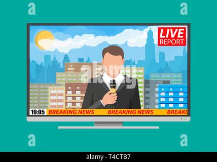 Modern flat screen tv with news. Cityscape with buildings, clouds, sky, sun. Journalism, live report, breaking hot news, television and radio casts co Stock Vector