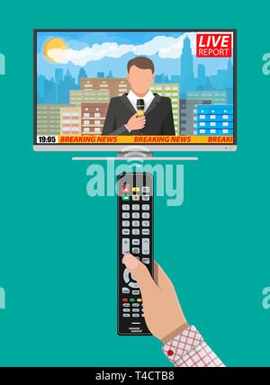 Modern flat screen tv with news. Cityscape with buildings, clouds, sky, sun. Journalism, live report, breaking hot news, television and radio casts co Stock Vector
