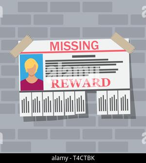 Wanted person paper poster. Missing announce. Information tear off papers. Search for lost person in big city. Vector illustration in flat style Stock Vector