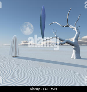 UFO in surreal white desert. Human figure covered by cloth Stock Photo