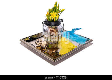 Easter decoration with eggs and feathers and some daffodils in a bowl, all standing on a plate with reflection. Stock Photo