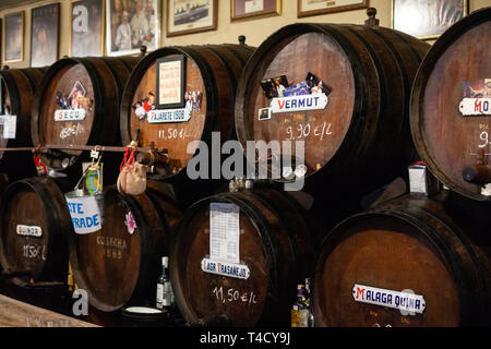 Malaga,Spain 04.04.2019: Sherry Barrels in the famous authentic Bodega Antigua Casa de Guardia Stock Photo