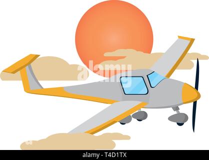 transportation concept small plane flying between clouds and sun at sunset scene cartoon vector illustration graphic design Stock Vector