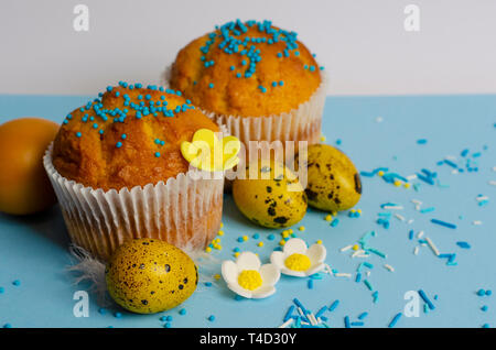 Muffins decorated with sprinkles, flowers of mastic and yellow easter quail eggs on pastel blue background. Easter Holidays and greeting card concept. Stock Photo