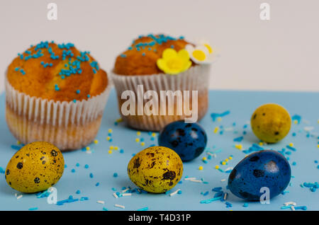Muffins decorated with sprinkles, flowers of mastic and yellow and blue easter quail eggs on pastel blue background. Easter Holidays and greeting card Stock Photo