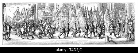 Festive transfer of the Spanish flags captured in the battle of Bein Lens on 20 August 1648 to Notre Dame in Paris. After a contemporary engraving by Cochin, Stock Photo