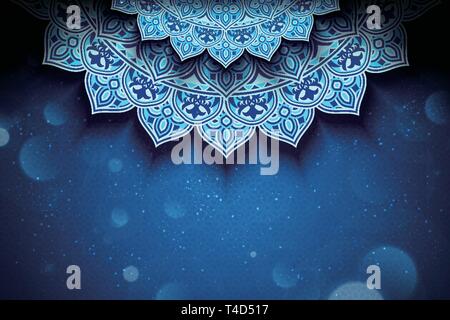 Blue arabesque flower background with glitter bokeh effect Stock Vector