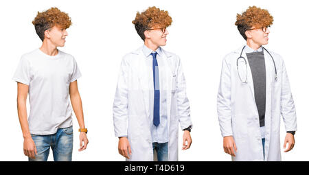 Collage of young doctor man wearing medical coat over isolated white background looking away to side with smile on face, natural expression. Laughing  Stock Photo