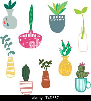 Hand drawn house plants and flowers. Scandinavian style illustration. Set of different plants. Vector illustration. Stock Vector
