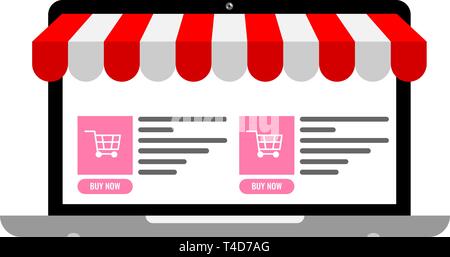 Laptop with awning and online e-commerce site with shopping cart icons on it. Online store concept vector illustration. Stock Vector