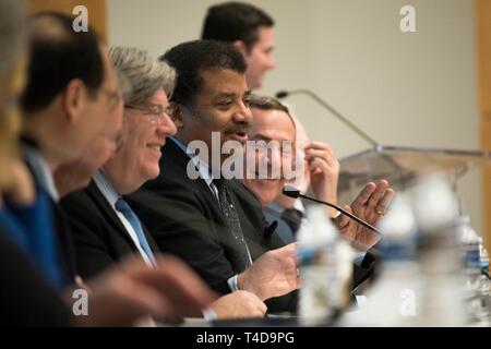 Defense Innovation Board member Neil deGrasse Tyson, director of the Hayden Planetarium, speaks at the innovation board's quarterly meeting, at the National Defense University, Washington, D.C., March 21, 2019. Stock Photo