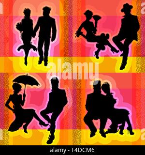 Collection of vector silhouettes on the theme of wedding. Men, women, couples sitting, standing, in motion. In costumes of different styles. Templates Stock Vector
