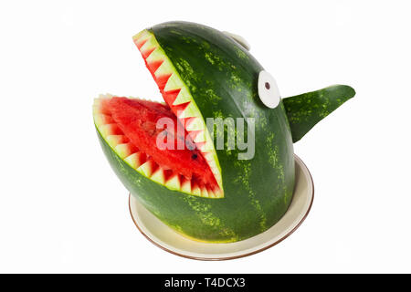 Watermelon shark - Shark carved out of a watermelon Stock Photo