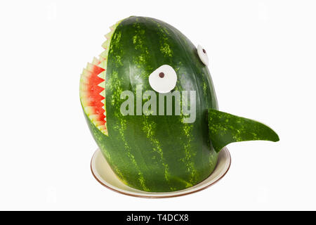 Watermelon shark - Shark carved out of a watermelon Stock Photo