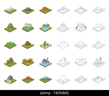 Mountains, massive cartoon,outline icons in set collection for design. The surface of the earth vector isometric symbol stock  illustration. Stock Vector