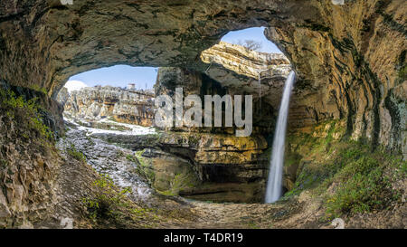 Baatara gorge waterfall and the natural bridges in winter, Tannourine, Lebanon Stock Photo