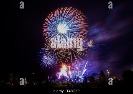 colorful fireworks on dark sky Stock Photo