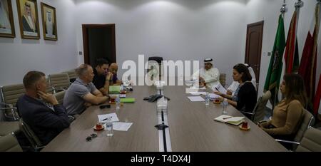 Noor Al Shebli Gulf Cooperation Council Emergency Management Center Gcc Emc Risk Planning Director And Colleague Talk With U S Army Central And Task Force Spartan Civil Affairs Soldiers During A Key Leader Engagement