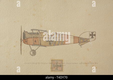 Ernst Udet - twelve drawings of German military aircraft of the 1st World War Aviatik (Berg) D.I. Bomber of the Austro-Hungarian Flying Corps 1917. Rumpler C.IV. Bomber of the Imperial German Flying Corps. Gotha G.V. Bomber of the Imperial German Flying Corps 1918. Halberstadt C.L.II of the Imperial German Flying Corps 1918. Fokker F.V. of the Imperial German Flying Corps 1918. Pfalz D.XII of the Imperial German Flying Corps 1918. Siemens Schuckert D III of the Imperial German Flying Corps. Fighter Squadron 4, Metz 1918 (Udet´s personal plane with the inscription 'LO!' for , Editorial-Use-Only Stock Photo
