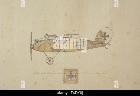 Ernst Udet - twelve drawings of German military aircraft of the 1st World War Aviatik (Berg) D.I. Bomber of the Austro-Hungarian Flying Corps 1917. Rumpler C.IV. Bomber of the Imperial German Flying Corps. Gotha G.V. Bomber of the Imperial German Flying Corps 1918. Halberstadt C.L.II of the Imperial German Flying Corps 1918. Fokker F.V. of the Imperial German Flying Corps 1918. Pfalz D.XII of the Imperial German Flying Corps 1918. Siemens Schuckert D III of the Imperial German Flying Corps. Fighter Squadron 4, Metz 1918 (Udet´s personal plane with the inscription 'LO!' for , Editorial-Use-Only Stock Photo