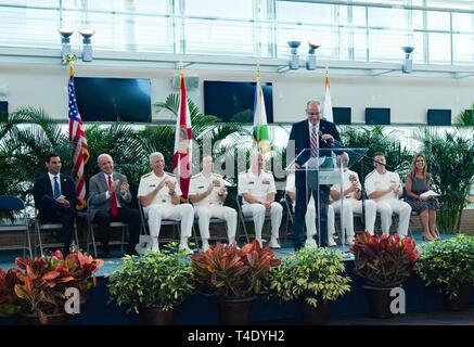 MIAMI (March 26, 2019) City of Miami Beach Mayor Dan Gelber gives a speech during the Miami Navy Week proclamation ceremony. Miami Navy Week, March 25-31, is a series of events in the Miami area connecting Americans with their Navy. It is one of 14 Navy Weeks organized by the Navy Office of Community Outreach in 2019, and the first time Miami has hosted a Navy Week. Stock Photo