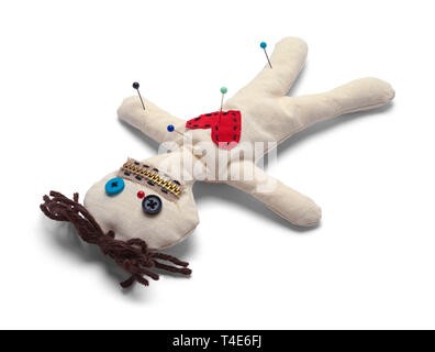 Voodoo Doll with Needles Upside Down Isolated on White Background. Stock Photo