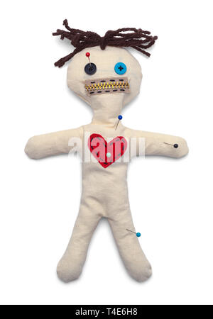 Voodoo Doll with Needles Top View Isolated on White Background. Stock Photo