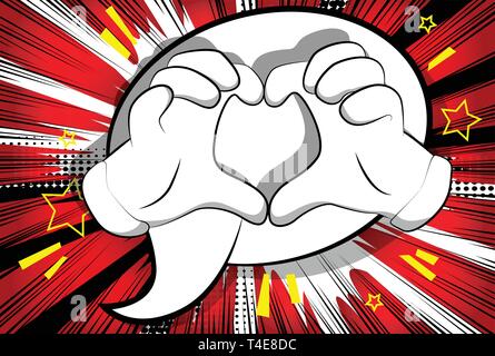Vector cartoon hands showing heart shape hand gesture. Illustrated hand sign on comic book background. Stock Vector