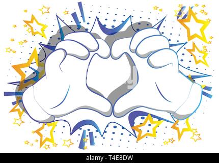 Vector cartoon hands showing heart shape hand gesture. Illustrated hand sign on comic book background. Stock Vector