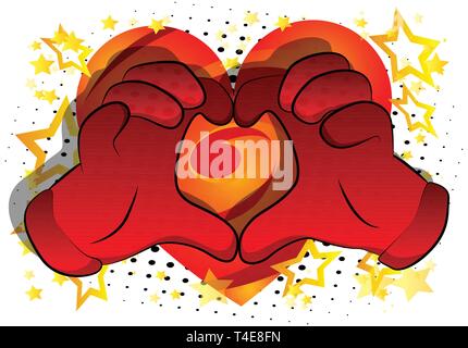 Vector cartoon hands showing heart shape hand gesture. Illustrated hand sign on comic book background. Stock Vector