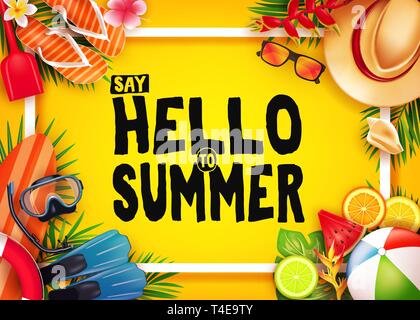 Hello Summer Top View Realistic Vector Banner in Yellow Background with Frame and Tropical Elements Like Scuba Diving Equipment, Surf Board, Slippers, Stock Vector