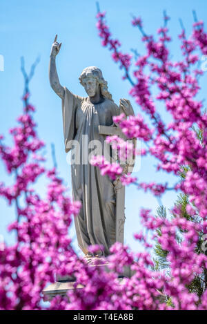 Cemetery statue seen through vibrant spring blossoms at Historic Oakland Cemetery in Atlanta, Georgia. (USA) Stock Photo